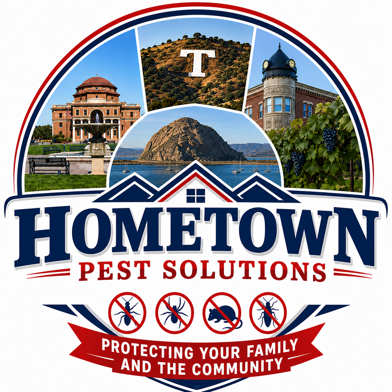 Logo for Hometown Pest Solutions featuring images of a courthouse, hill, harbor, and grapevine, with a red and blue patriotic theme, and icons indicating pest control services.