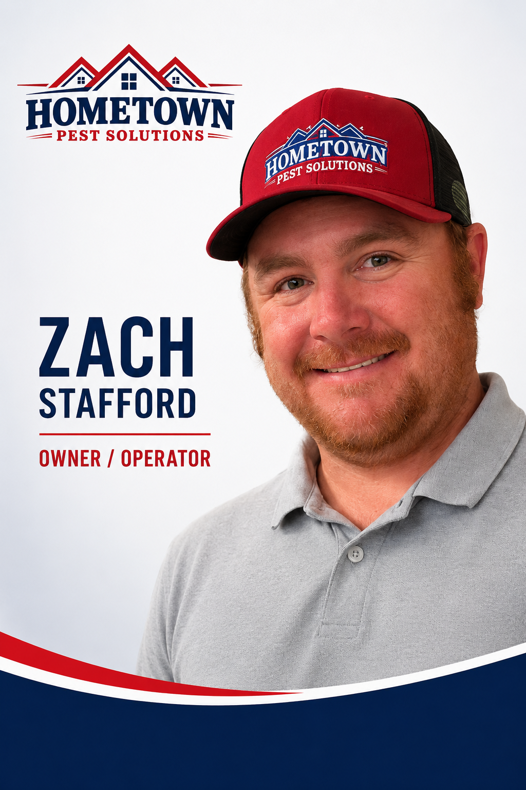 A man wearing a gray polo shirt and a red baseball cap with the logo of Hometown Pest Solutions. The background features the company's logo and the man's name, Zach Stafford, and his title as owner and operator.
