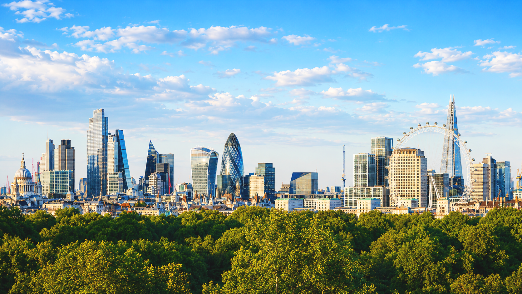 Skyline of London with skyscrapers, the London Eye, and green trees in the foreground, under a partly cloudy sky.