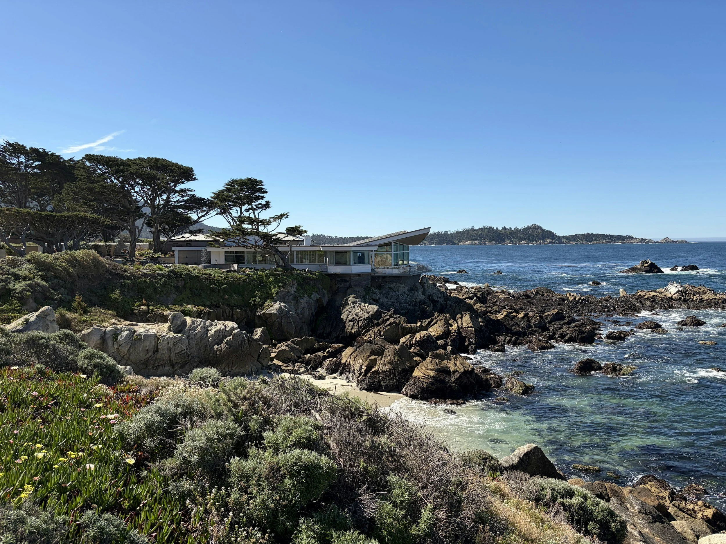 A modern house on a rocky coastline with trees and shrubs, overlooking the ocean under a clear blue sky.
