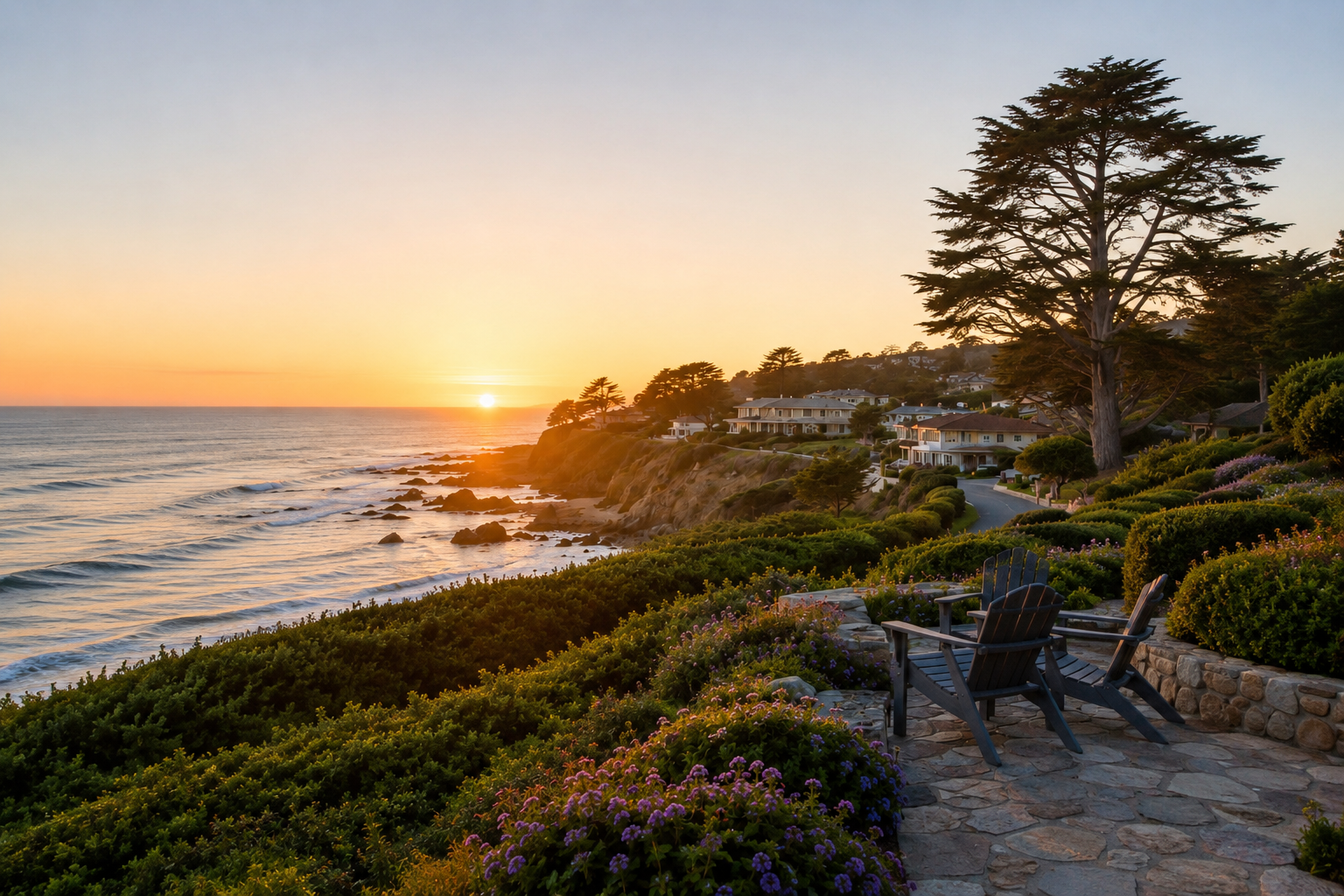 Sunset over the ocean viewed from a coastal terrace with flower beds, wooden chairs, and houses on a hillside.