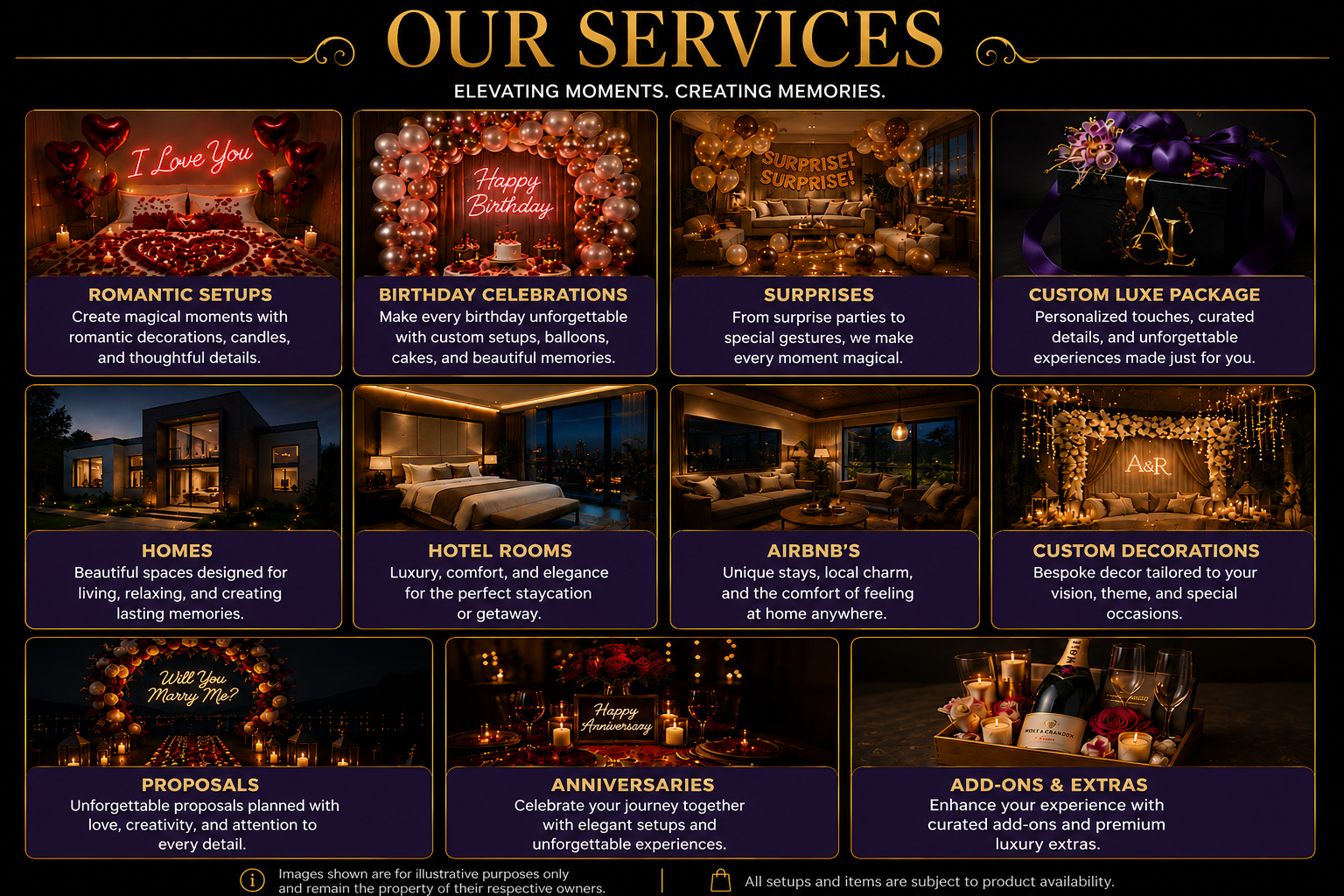 A service menu titled 'OUR SERVICES' with categories including romantic setups with balloons, birthday celebrations with neon signs, surprises with balloons, custom luxe packages with gift boxes, homes with modern architecture, hotel rooms, Airbnb stays, custom decorations, proposals with floral arches, anniversaries with dinner setups, and add-ons with wine and candles. Each category has a brief description and is decorated with warm, elegant images.