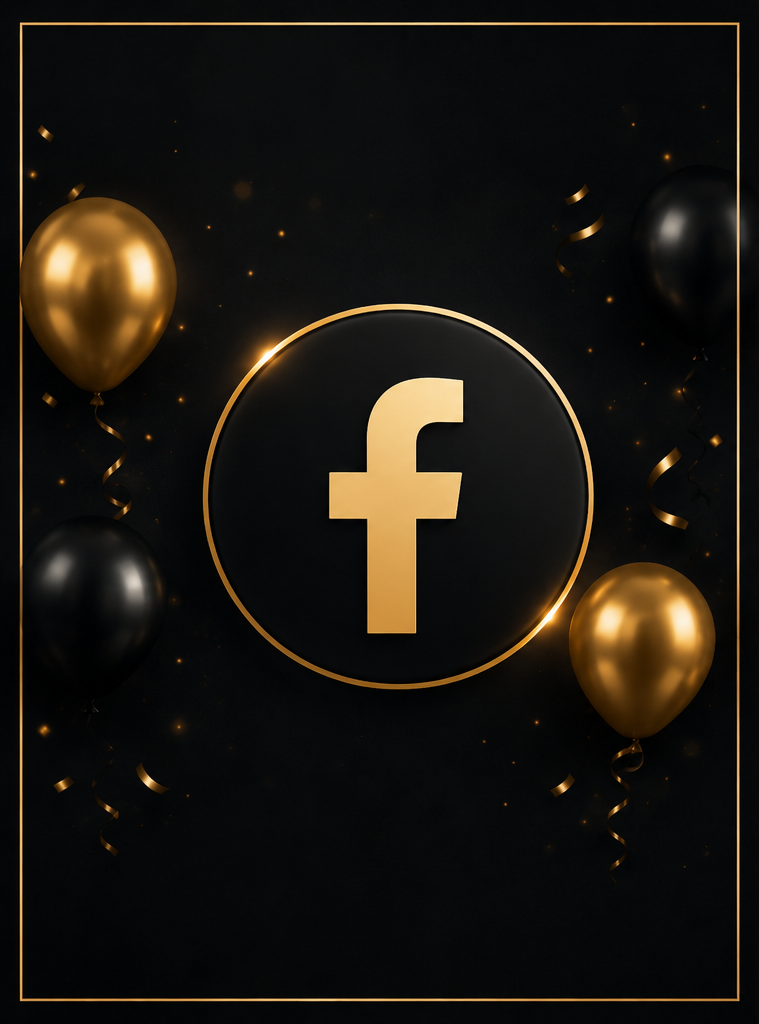 Black background with gold and black balloons, gold confetti, and a prominent Facebook logo in the center with gold accents.