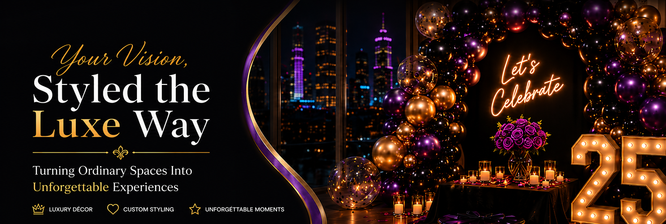 A luxurious celebration scene featuring purple and gold balloons, candles, a bouquet of purple roses, a gold number 25, and a neon sign that says 'Let's Celebrate' inside a city skyline view.