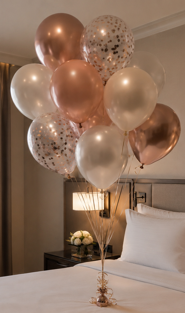 A bunch of metallic rose gold, white, and transparent balloons with confetti are floating above a hotel bed in a well-lit room with a nightstand and floral arrangement.