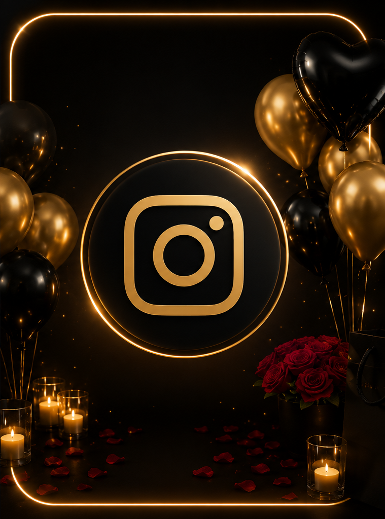 Decorative scene with black and gold balloons, red roses, lit candles, and a large illuminated Instagram logo in the center, in a dark setting.