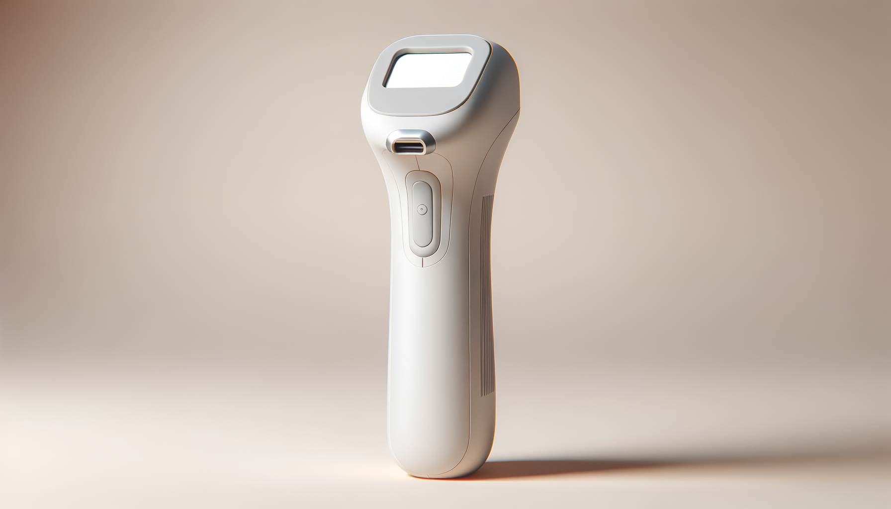 A modern, handheld laser hair removal device with a sleek white design, a digital display at the top, a power button, and a USB port on the front.