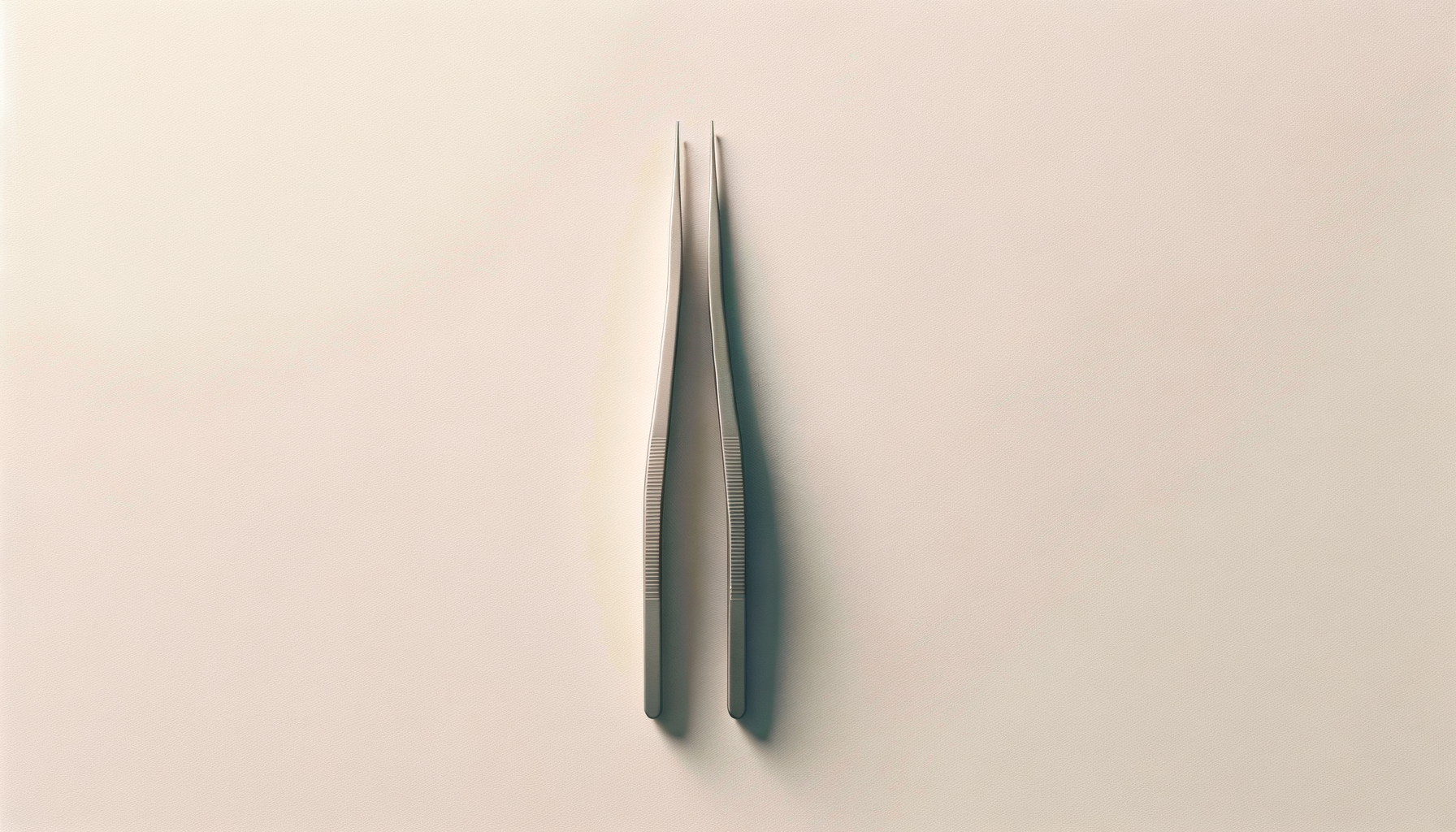 A pair of metal tweezers lying parallel on a plain beige surface.