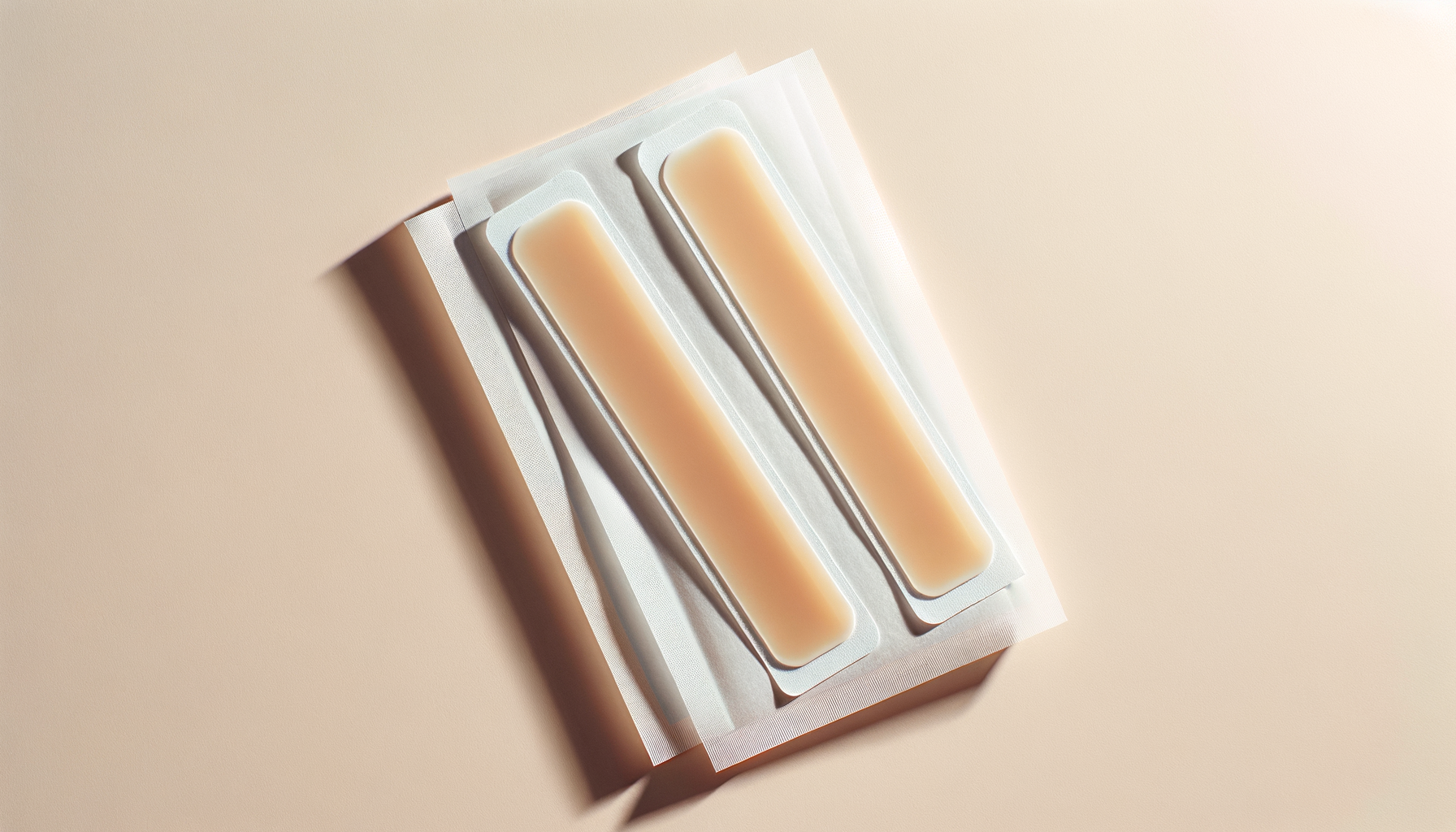 A box of three beige-colored adhesive strips laid on a white tray on a light beige background.