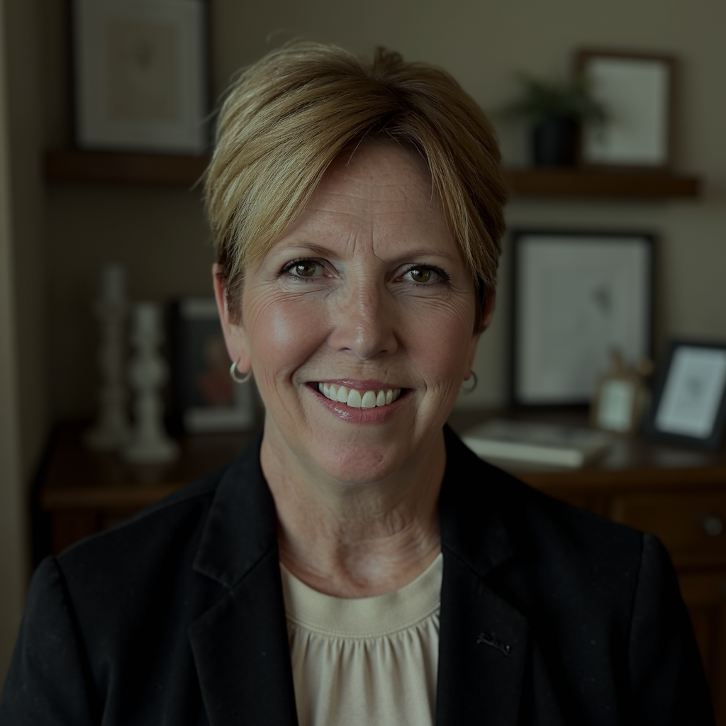 A smiling woman with short blonde hair wearing a black blazer and beige blouse, standing in a home office with framed pictures and decor in the background.