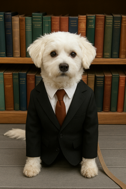 A small dog dressed in a black suit, white shirt, and brown tie, sitting in front of a bookshelf filled with colorful books.