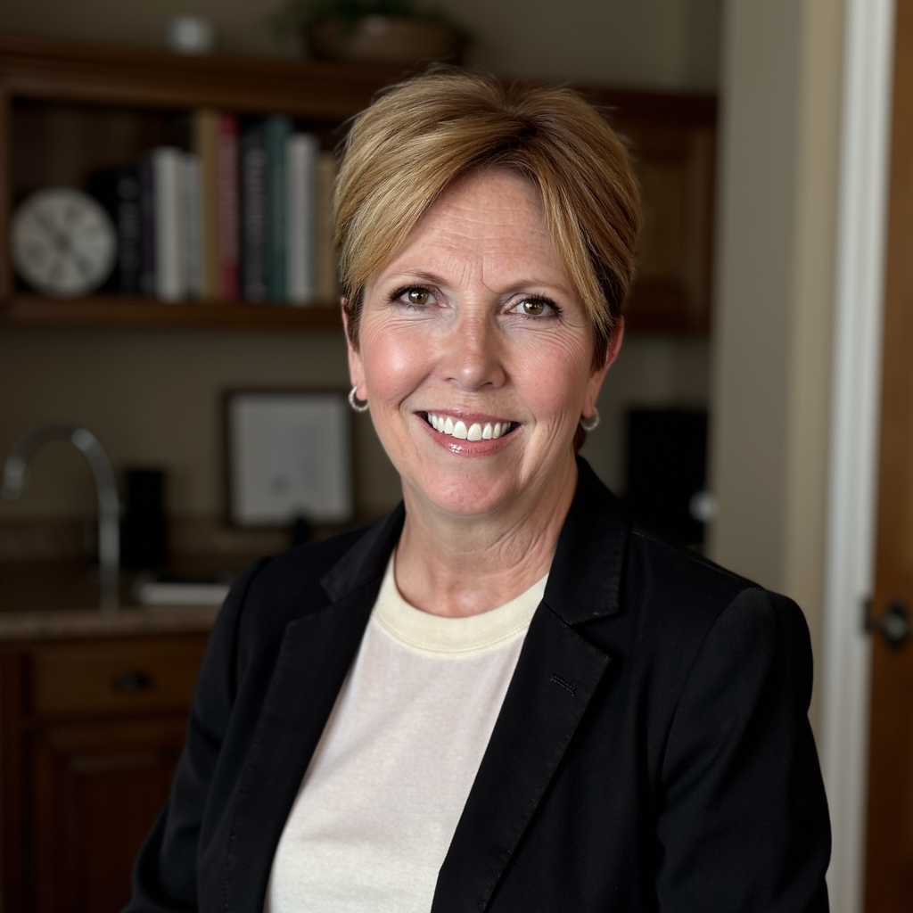 A woman with short blond hair wearing a black blazer and white shirt, smiling in a home or office setting with books and a sink in the background.