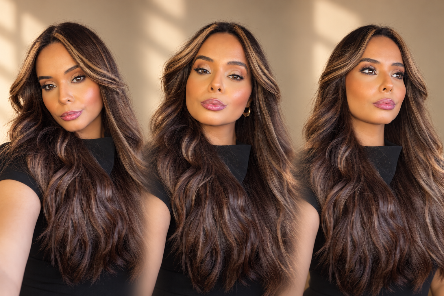 Vianmy Jacobo, founder and professional makeup artist behind Makeupviard, featured in three elegant portraits.