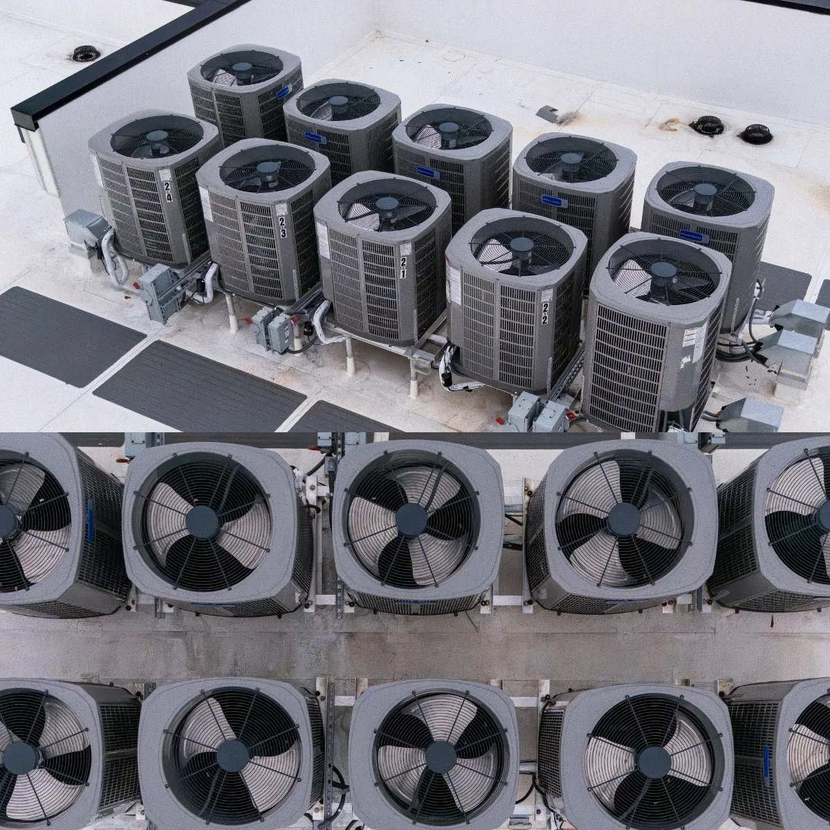 A drone inspection image of a row of commercial air conditioning units installed on a building roof, with a close-up of the fan blades on the units.