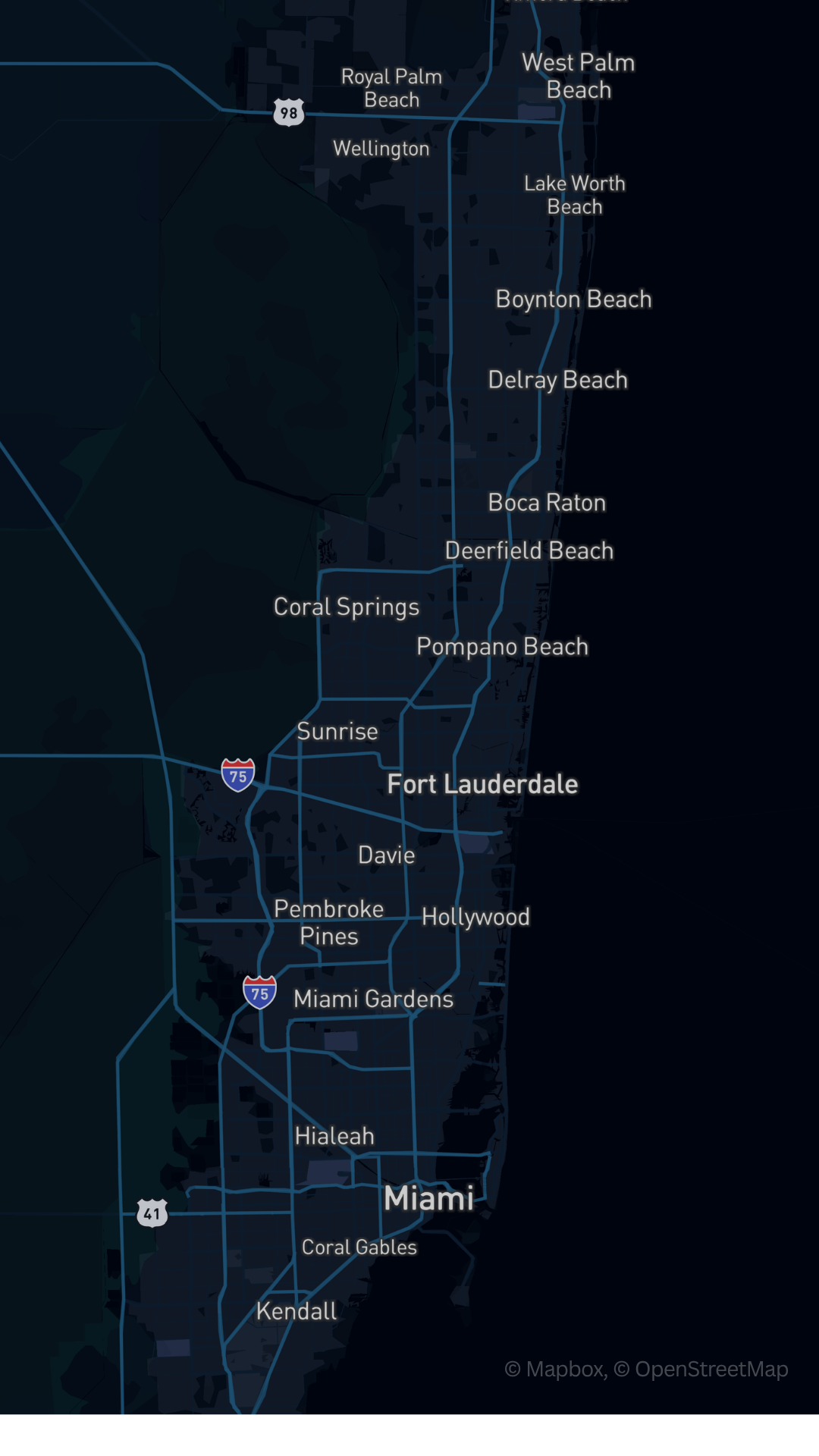 Map of South Florida showing cities including Miami, Miami Gardens, Kendall, Coral Gables, Hialeah, Hollywood, Pompano Beach, Deerfield Beach, Boca Raton, Delray Beach, Boynton Beach, Lake Worth Beach, West Palm Beach, Royal Palm Beach, Wellington, Coral Springs, Sunrise, Fort Lauderdale, Davie, Pembroke Pines, and Palm Beach.