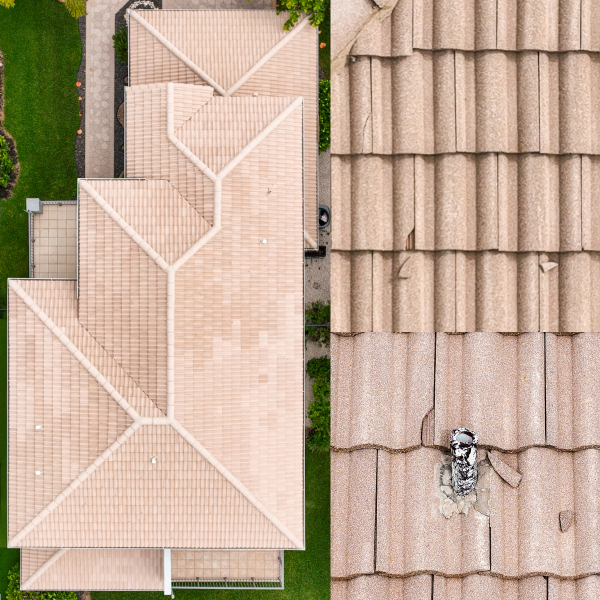 Drone aerial view of a house with beige tiled roof and surrounding green lawn, paired with close-up images of beige roof tiles, some cracked or damaged, and a chimney pipe.