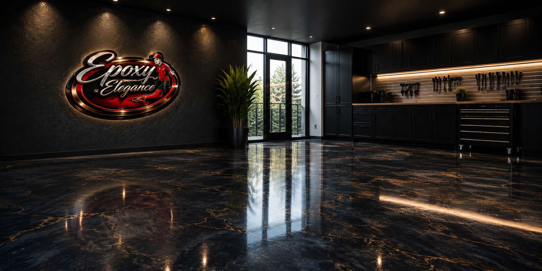 Modern indoor space with black walls and cabinetry, large window with outdoor greenery, polished dark marble floor with gold veining, LED lighting, large potted plant, garage-style door, and neon sign reading 'Epoxy & Elegance' with a cartoon character in red hat and jacket.