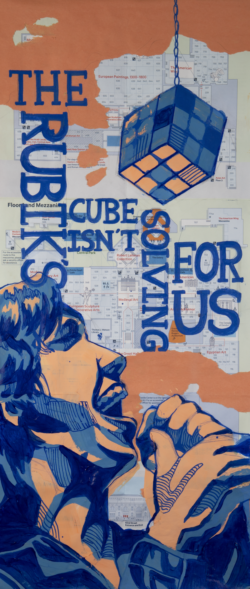 "The Rubik's Cube", 2025.
Construction Paper, Acrylic, & Posca Pen on Map of NY Metropolitan Museum of Art