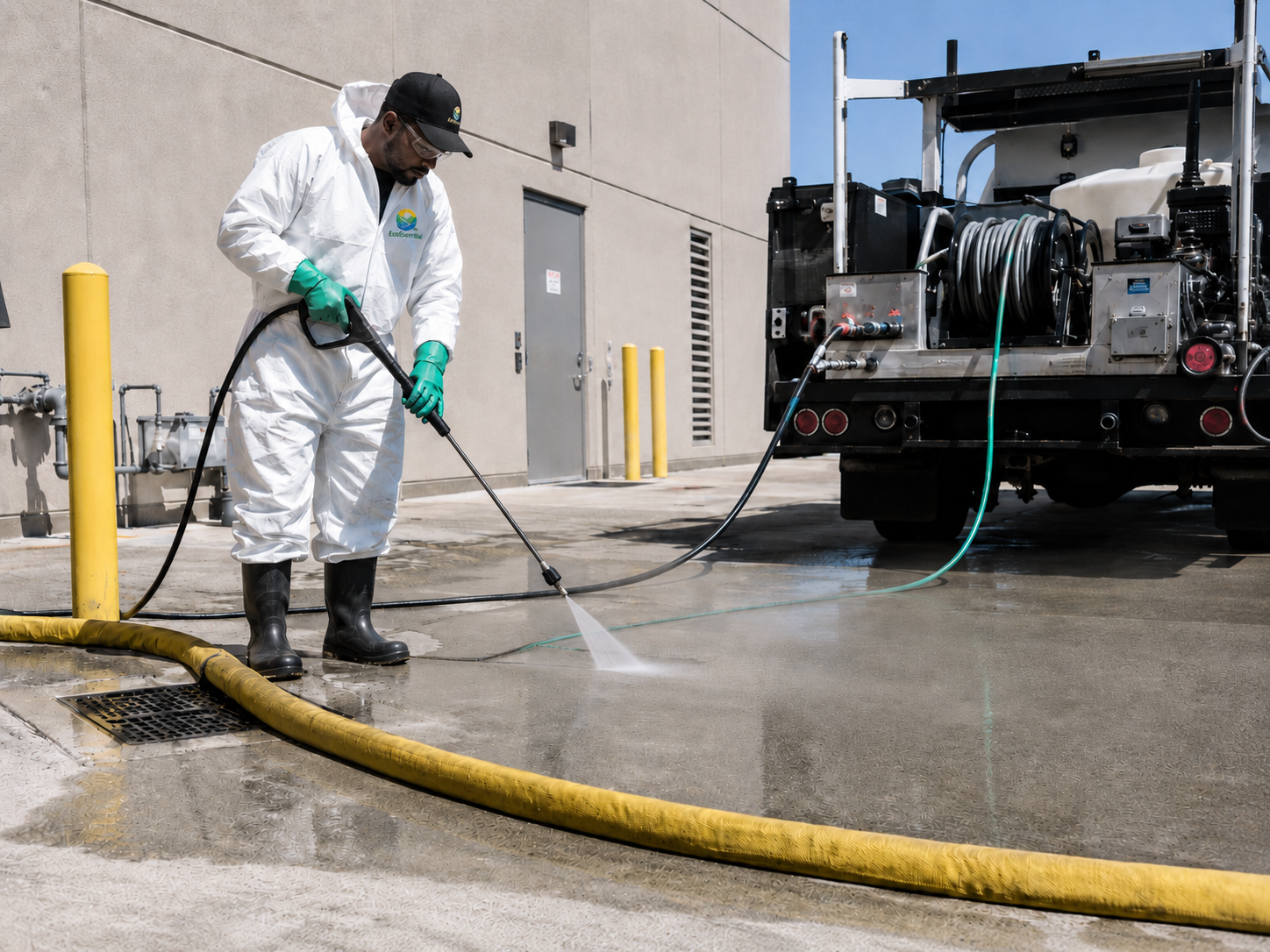 A worker in white coveralls, green gloves, and black boots cleaning a concrete surface with a pressure washer from a truck.