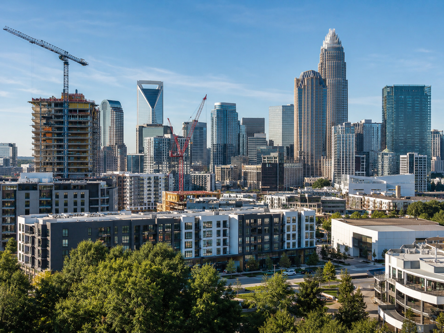 Skyline of Charlotte, North Carolina with a mix of completed and under-construction high-rise buildings, including a prominent tall building with a spire, under a clear blue sky.