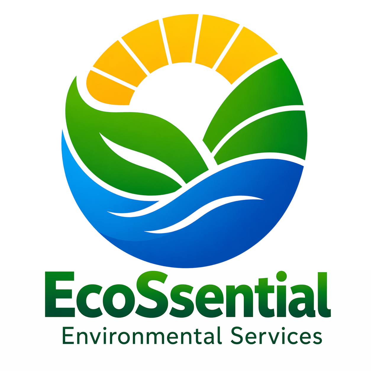 A circular logo with an illustration of a sun, green leaves, and blue water waves, with the words "EcoSential" and "Environmental Services" below it.