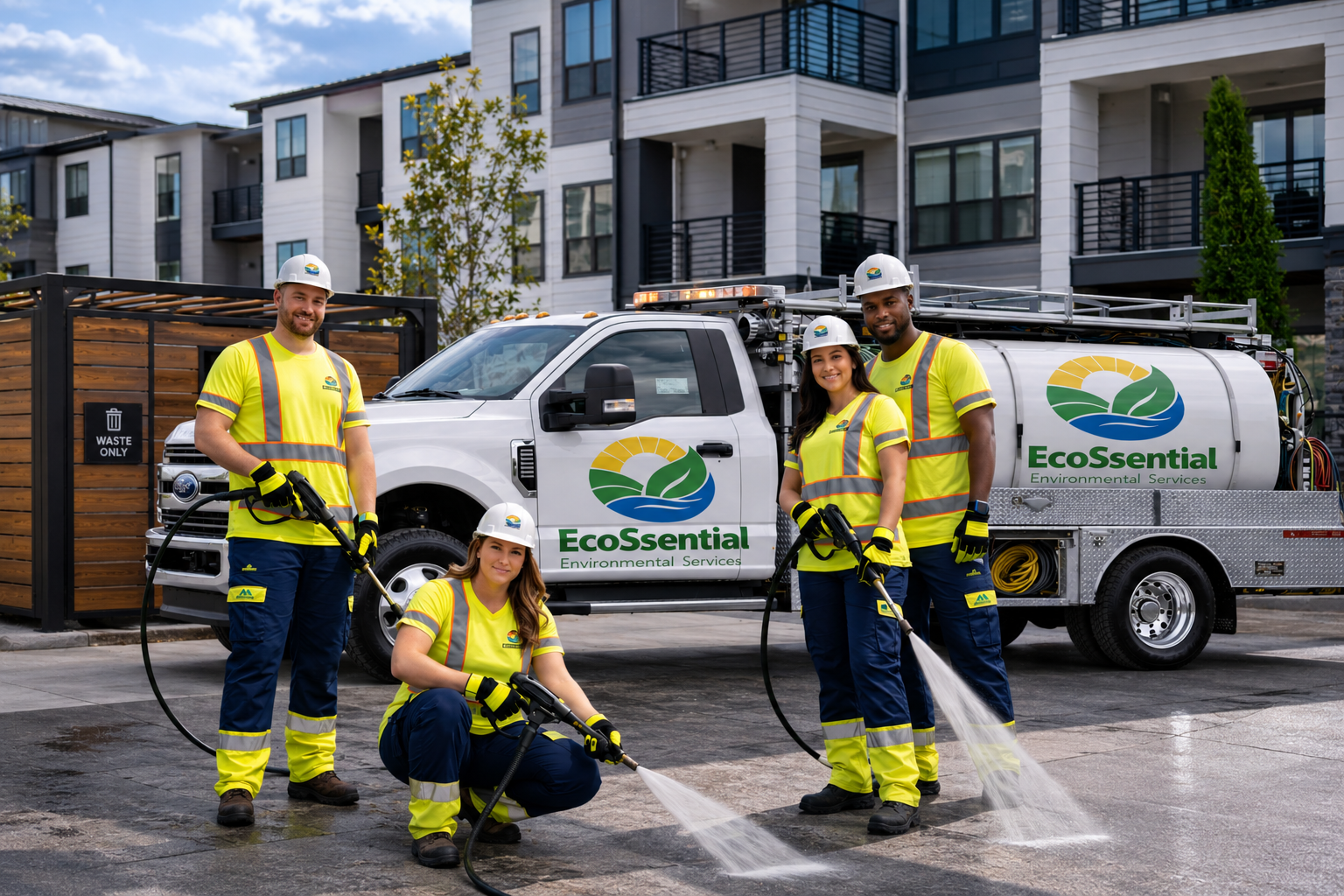 Five eco-friendly workers in yellow safety shirts and helmets, holding water hoses and spraying water on the ground, standing in front of a water truck labeled EcoEssential Environmental Services, with modern apartment buildings and a wooden waste disposal bin nearby.