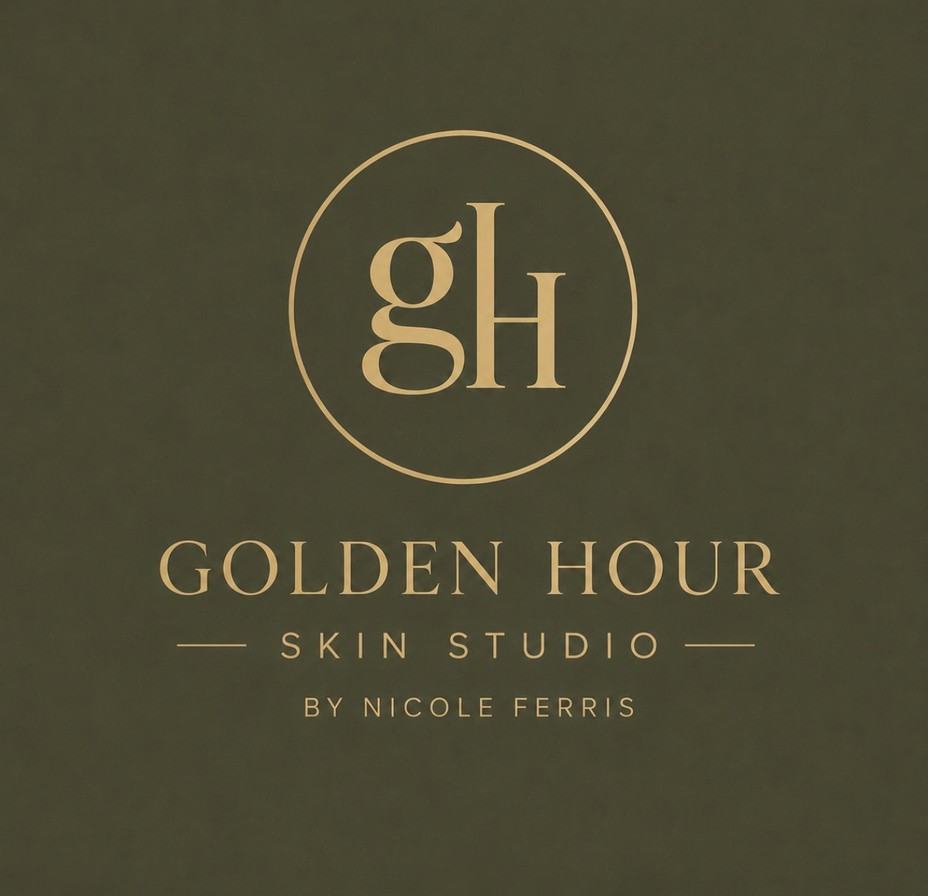 Gold and black logo for Golden Hour Skin Studio by Nicole Ferris with initials G and H inside a circle.