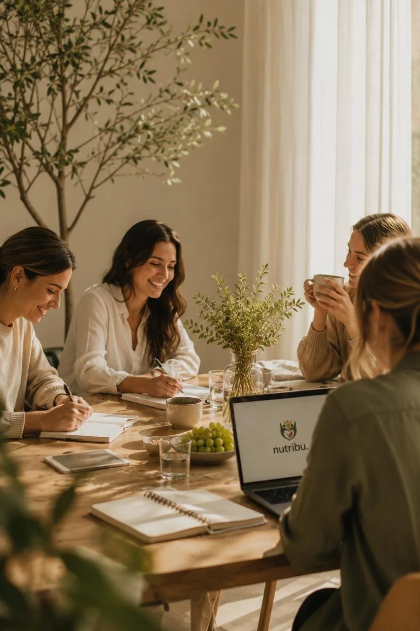 Grupo de cuatro mujeres en una reunión, sentadas alrededor de una mesa de madera con plantas, libros y una laptop con el logo de Nuttribu, en un ambiente iluminado con cortinas blancas y decoraciones naturales.