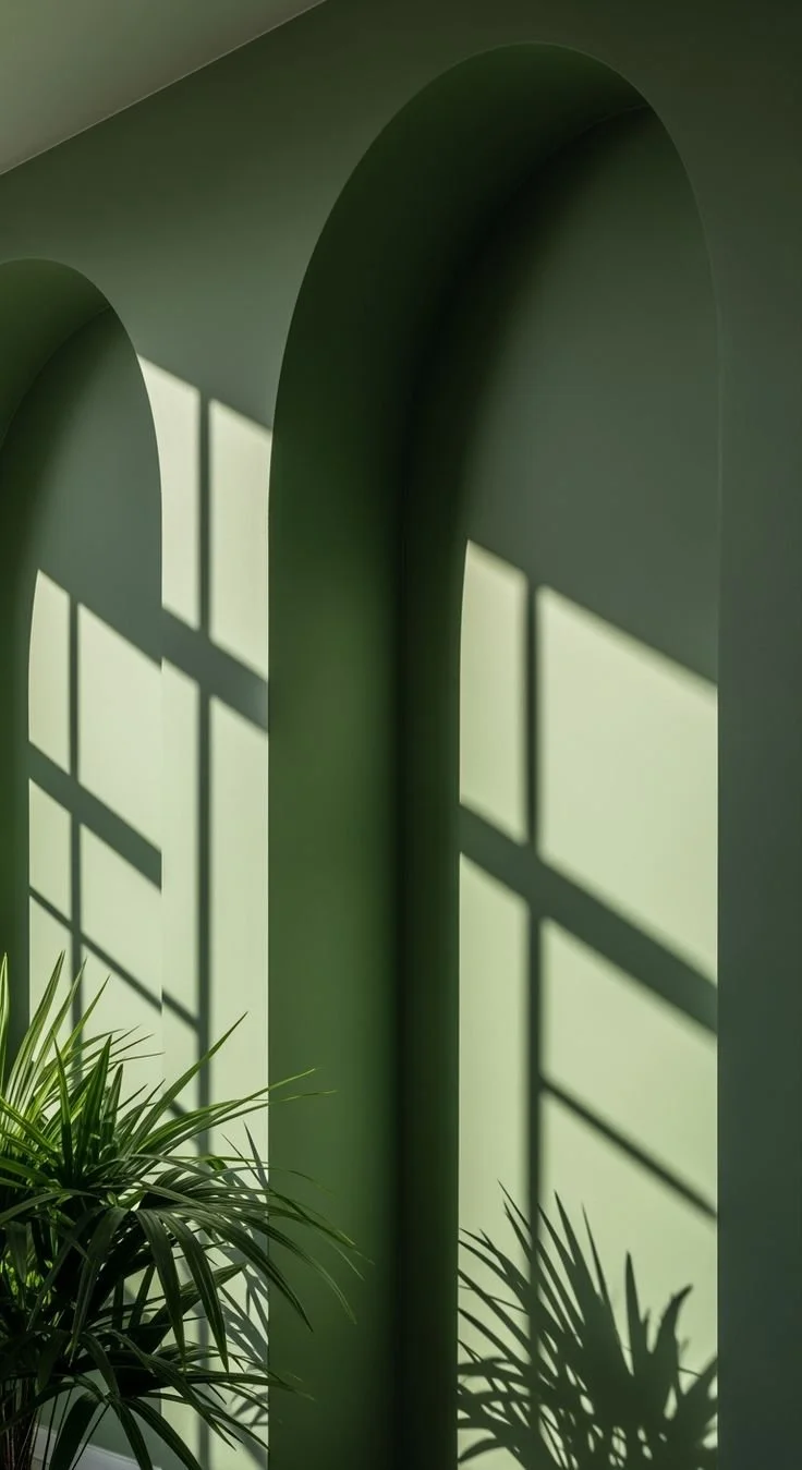 Rostros de ventanas con sombra de plantas y paredes verdes en interiores.