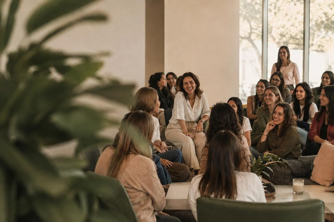 Un grupo de mujeres en una reunión o taller, sonriendo y disfrutando del momento, en un ambiente luminoso y acogedor.