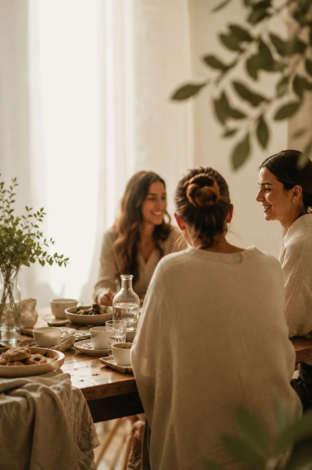 Tres mujeres sonriendo y conversando en una mesa de desayuno con comida y bebidas en un entorno iluminado por luz natural.