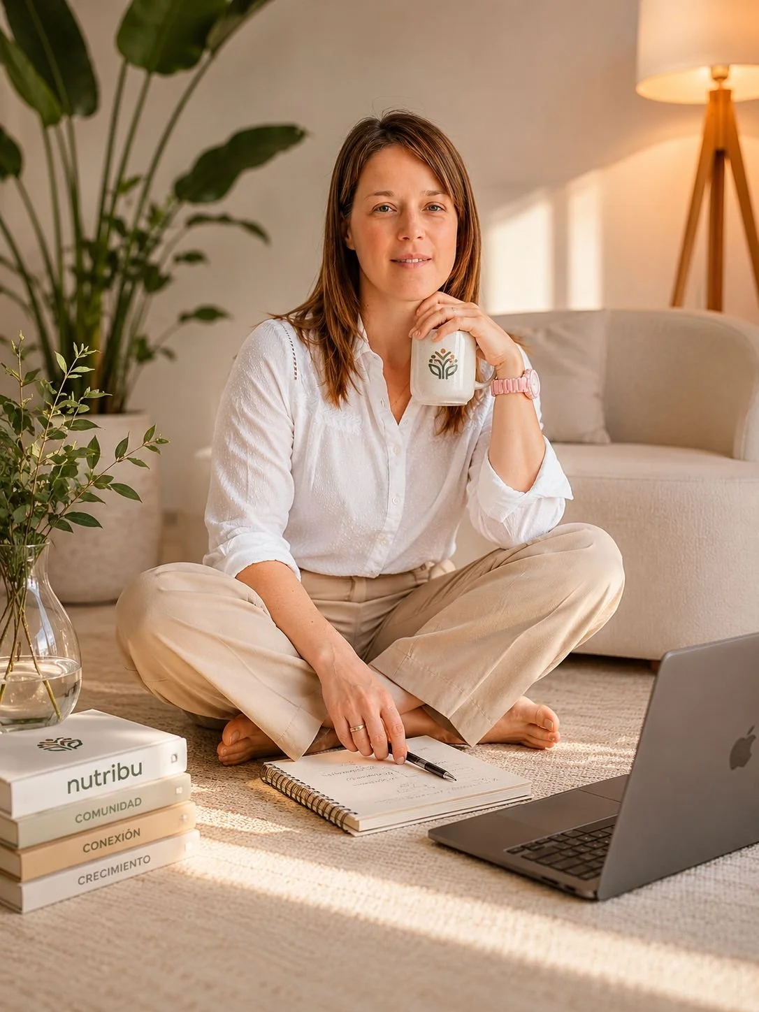 Mujer sentada en el suelo con una taza en la mano, rodeada de libros, una libreta, una laptop y plantas en un ambiente acogedor y bien iluminado.