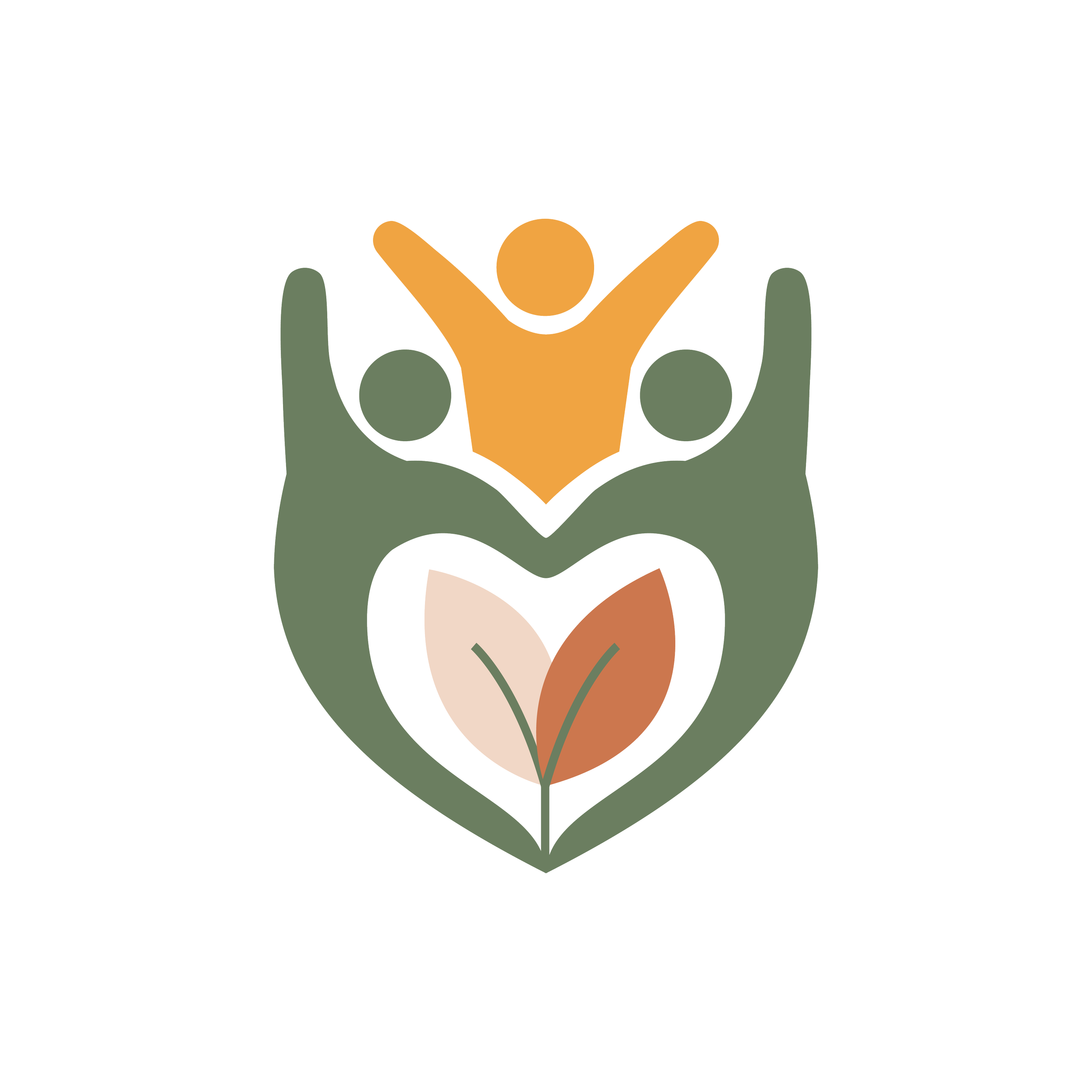 Ilustración de una mano con tres figuras humanas, una en color naranja y dos en color verde, que simbolizan colaboración o comunidad.