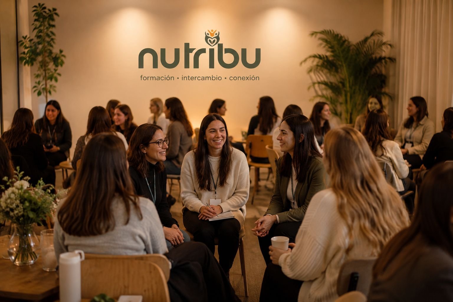 Grupo de personas en una reunión o conferencia en un salón con decoración natural y un logo grande en la pared que dice 'nutribu' y las palabras 'formación, intercambio, conexión'.