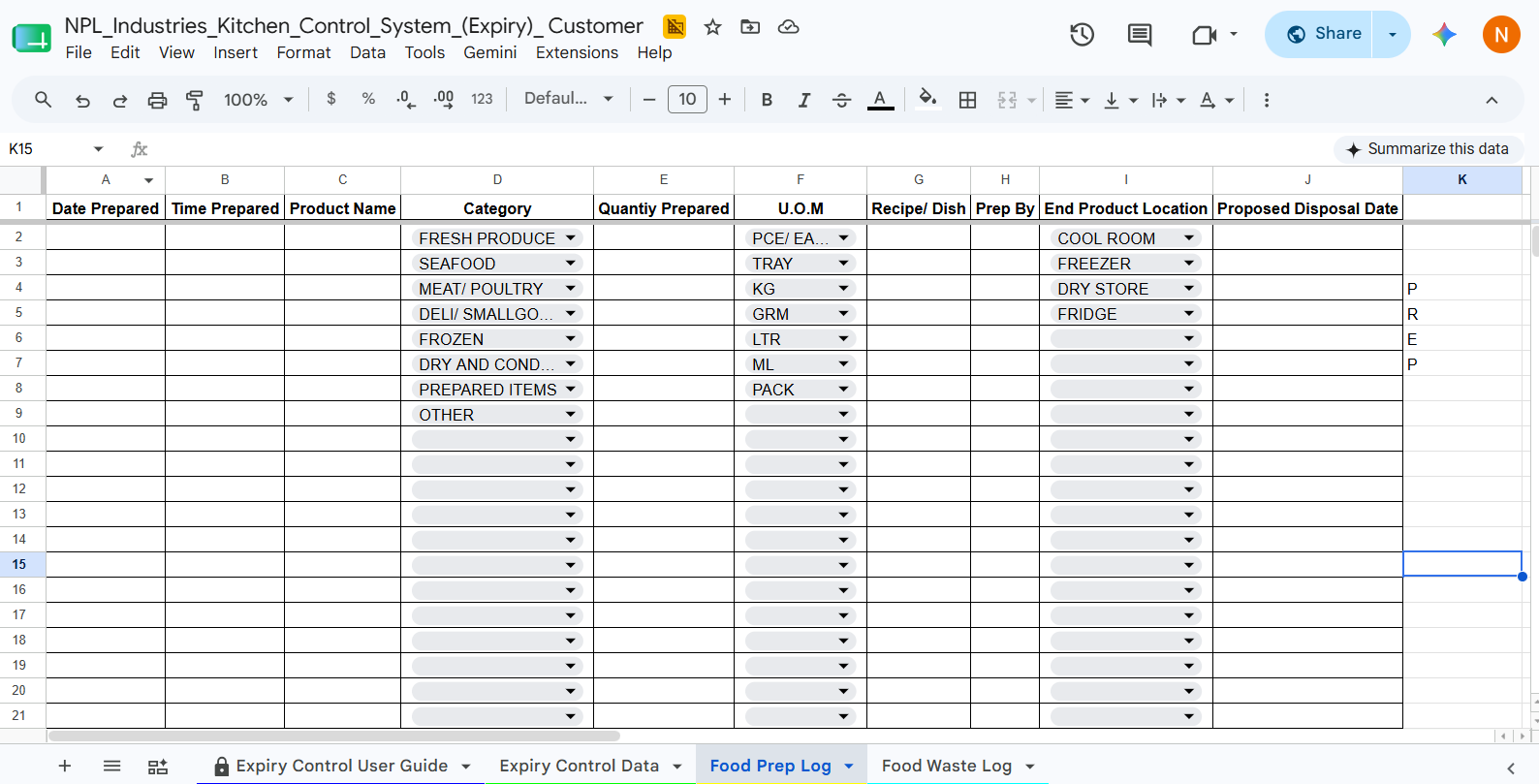 Food Prep Log Interface Screenshot