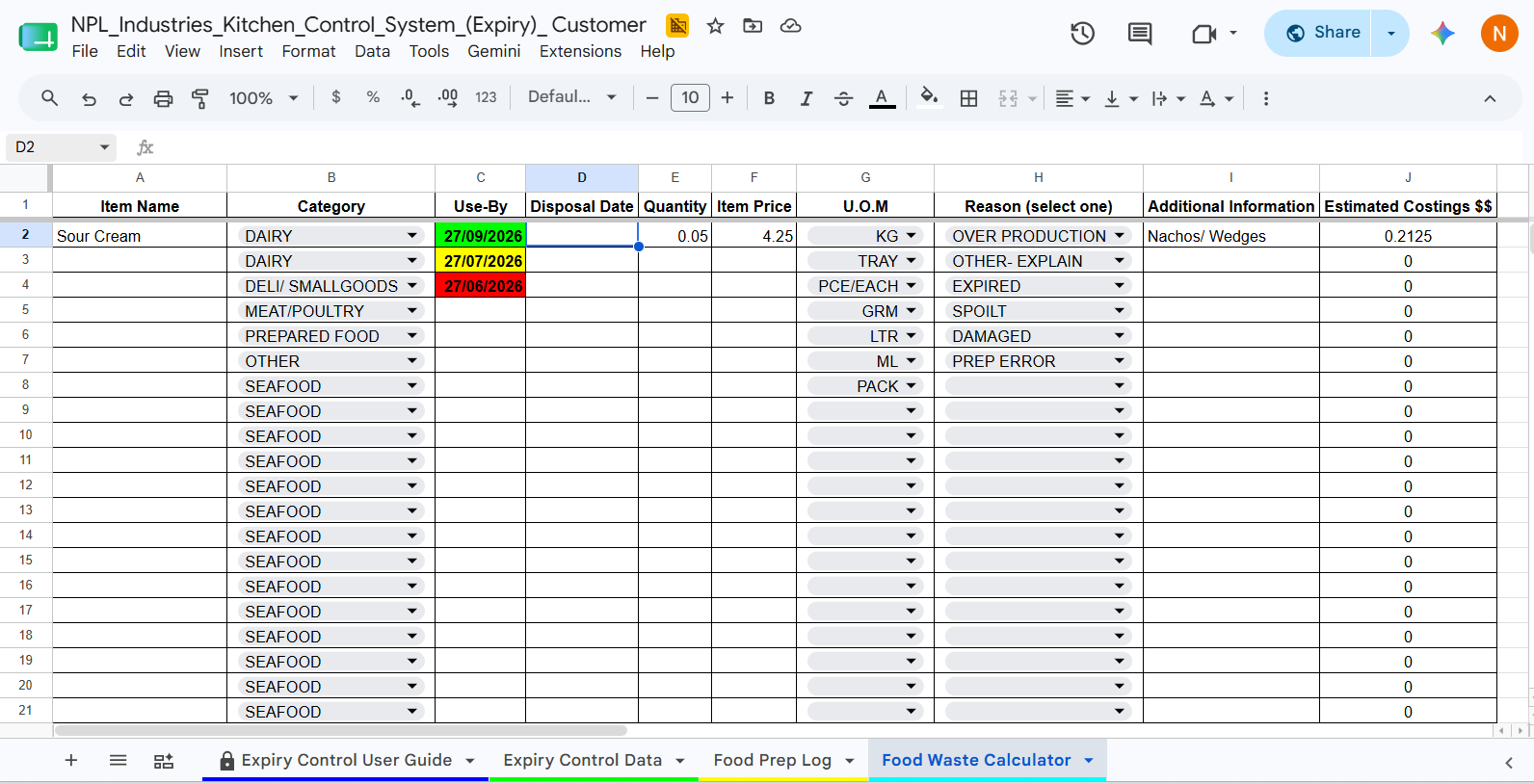 Waste Calculator Interface Screenshot