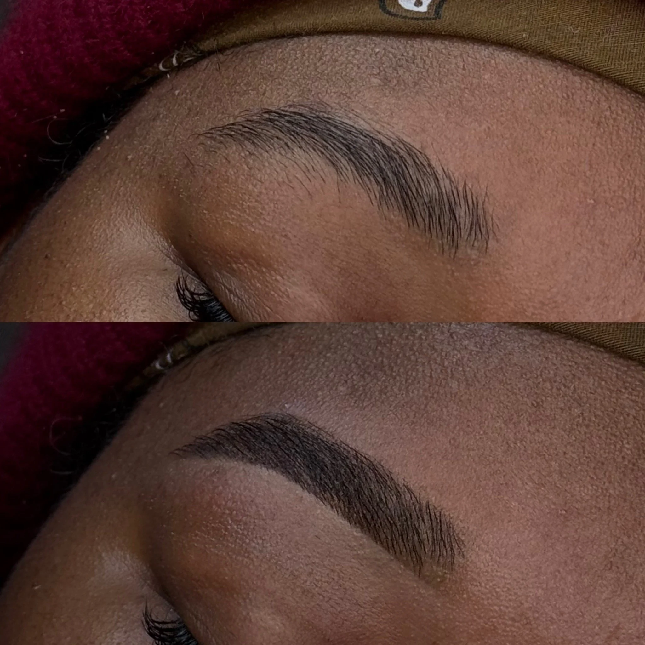 Close-up image of an eyebrow and eyelash on a person's closed eye, with smooth skin and textured forehead skin visible.