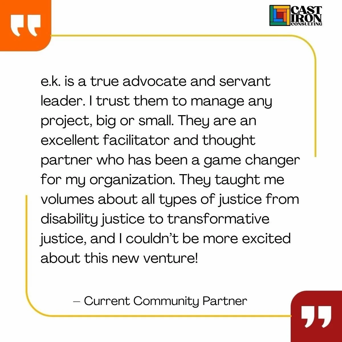 We are so grateful to our community partners and systems navigation clients. Testimonials like these remind us of why we do this work: interdependence makes us all stronger together. 

ID:
slide 1:
a quote from a current community partner &ldquo;e.k.