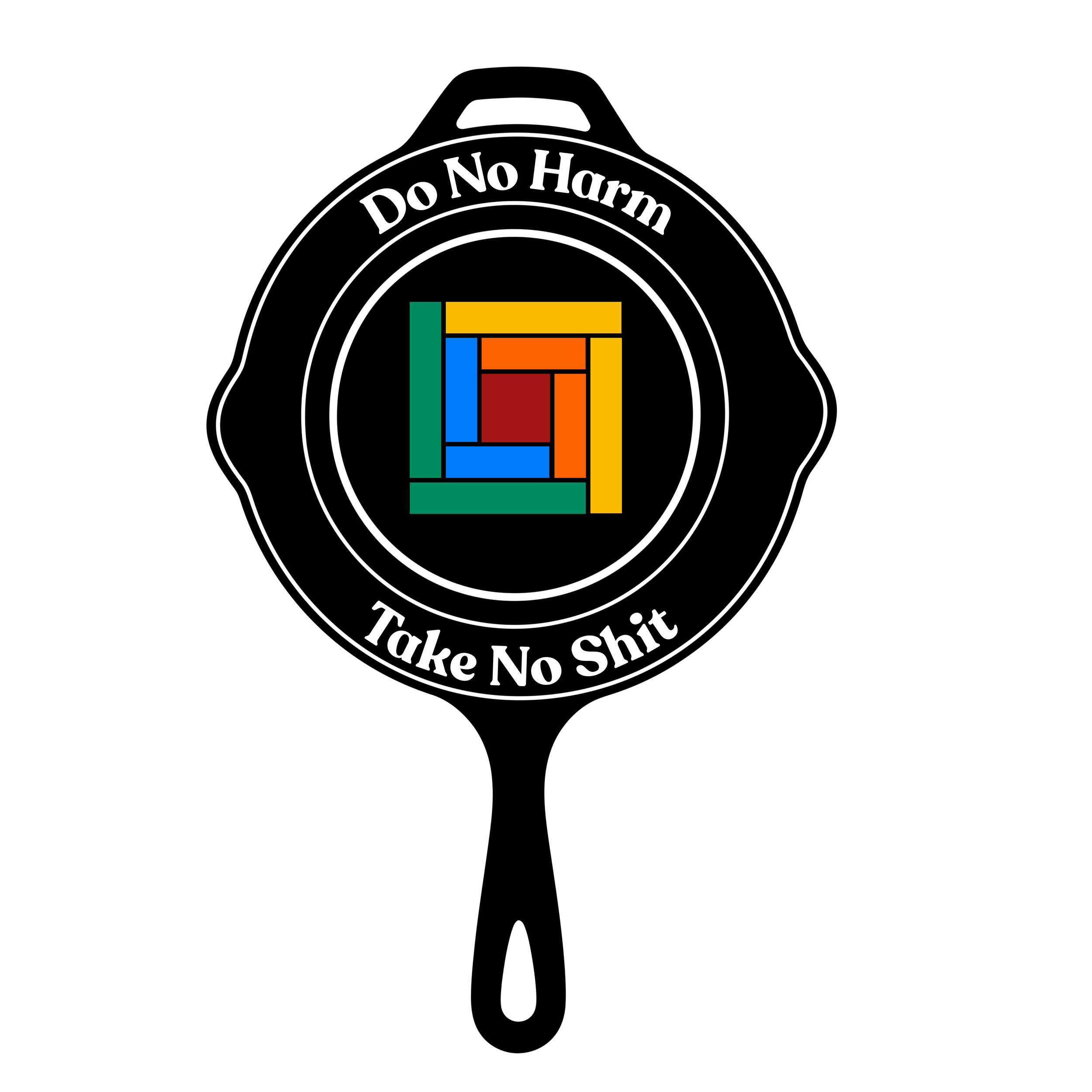 a graphic of a black cast iron skillet with "Do No Harm Take No Shit" written along its edges with the Cast Iron Consulting colorful quilt logo in the center