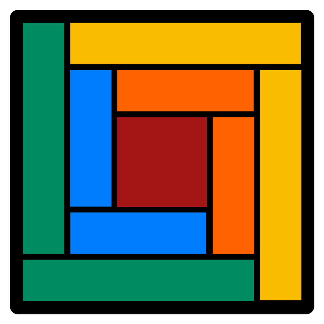 cast iron consulting logo: a log cabin quilt pattern with green, blue, garnet, orange, and yellow