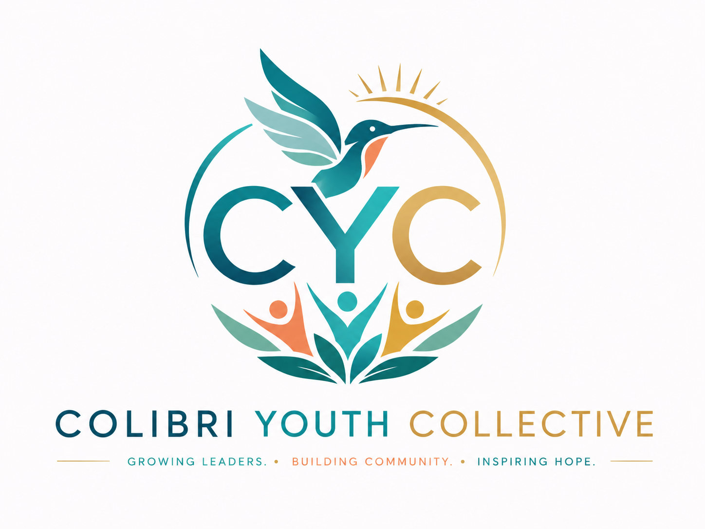 A logo for Colibri Youth Collective featuring a stylized hummingbird above the letters CYC, with a sun and two abstract human figures surrounded by leaves, and the slogan 'Growing Leaders. Building Community. Inspiring Hope.'