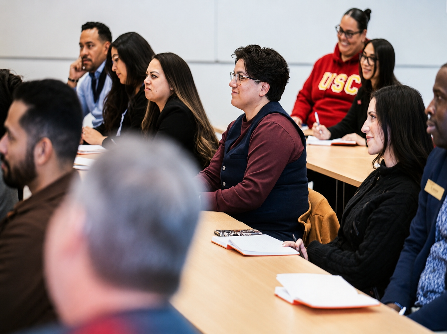 People attending a lecture or seminar in a classroom, sitting at a long table with notebooks and pens, listening attentively.