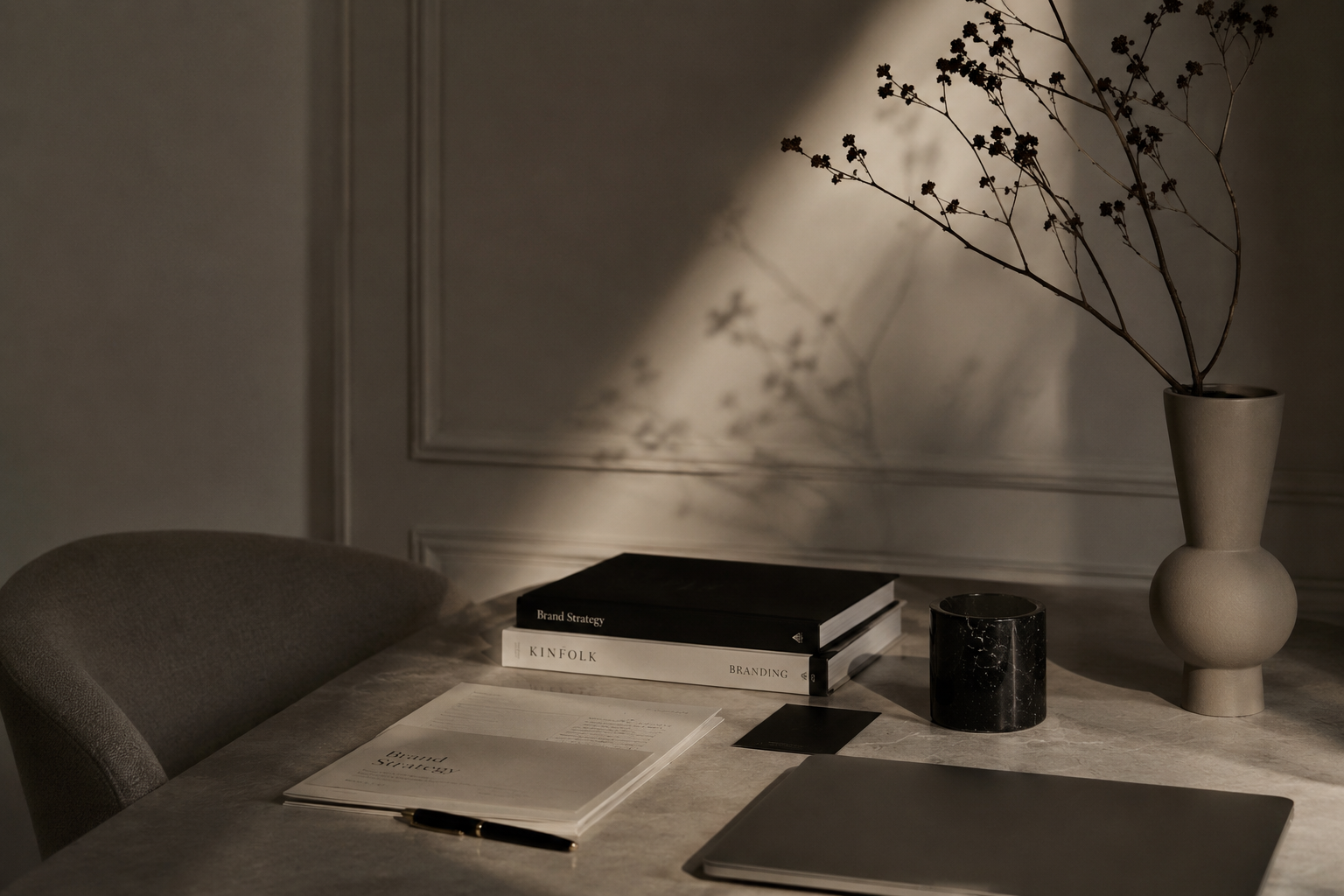 A marble table with a beige upholstered chair, a black and white book titled 'Brand Strategy,' a black cylindrical container, a beige vase with twigs, and an open notebook with a pen, in a softly lit room with shadows cast on the wall.