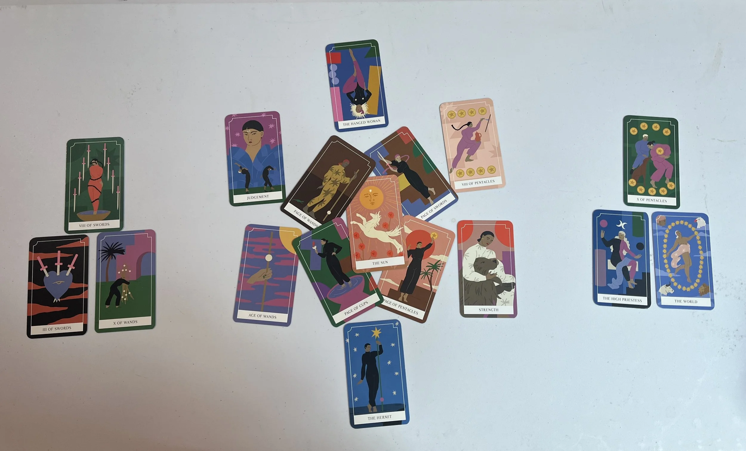 Tarot cards spread out on a table