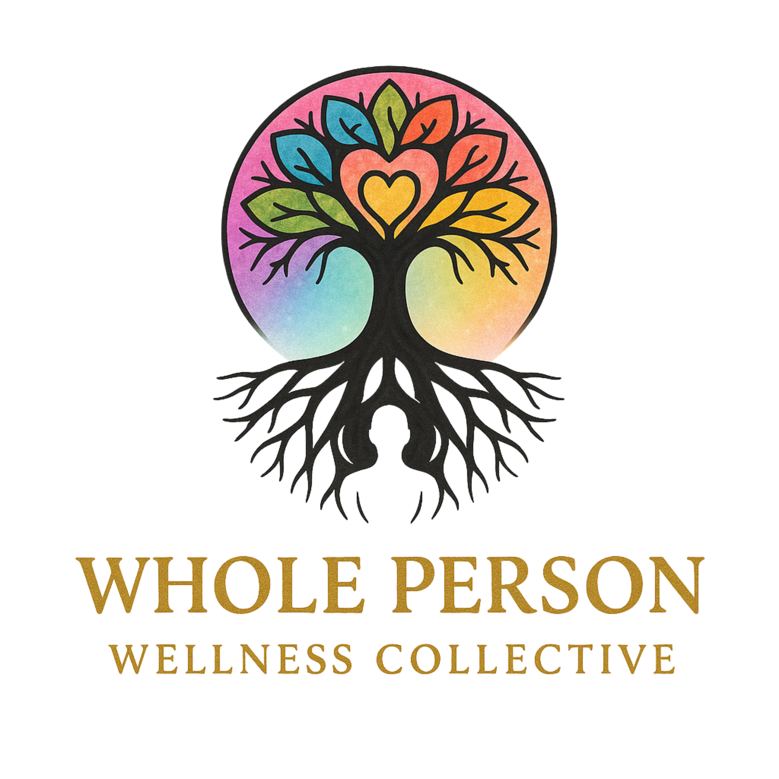Colorful circular design with tree and heart motifs, rainbow-colored background, and gold text reading 'WELLNESS SCHOOL'.