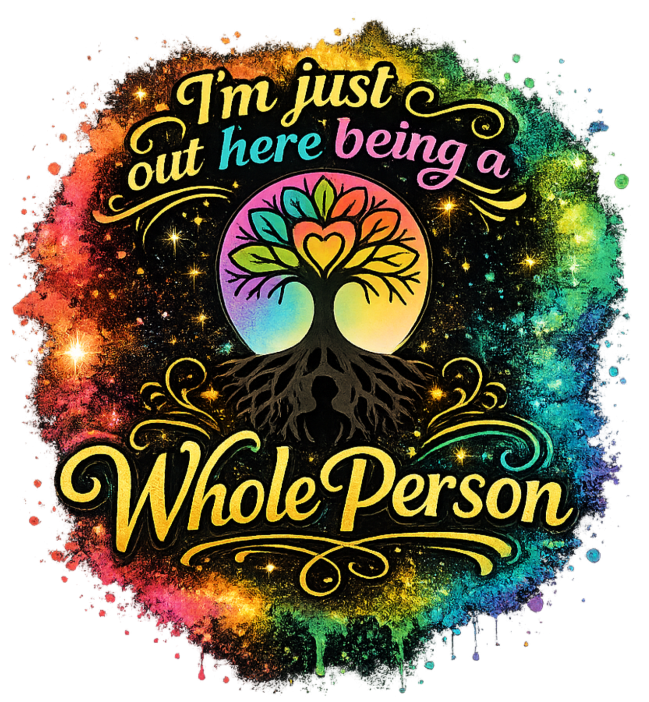 Colorful, luminous graphic with a tree and the text, 'I'm just out here being a whole person.'