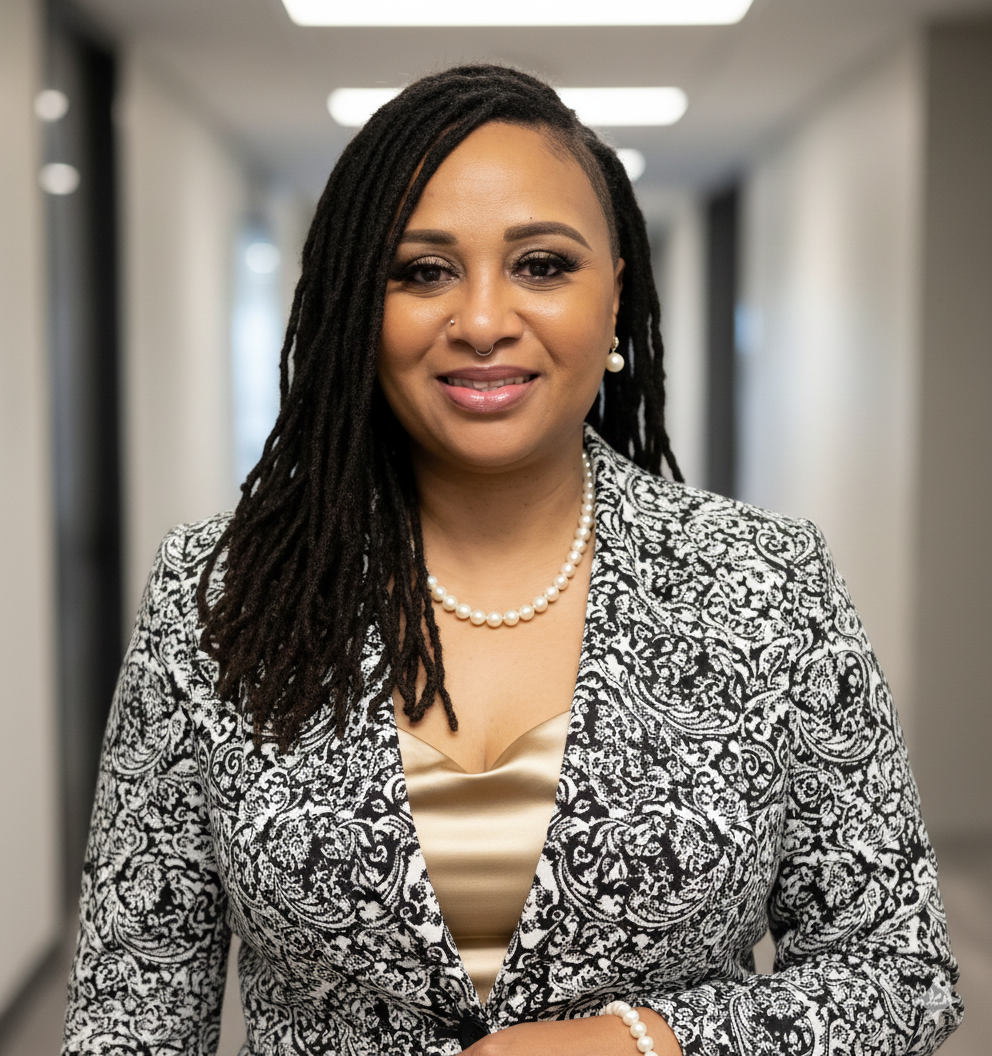 A professional woman with braided hair, wearing a patterned blazer, pearl earrings, a pearl necklace, and a beige top, standing in a hallway.