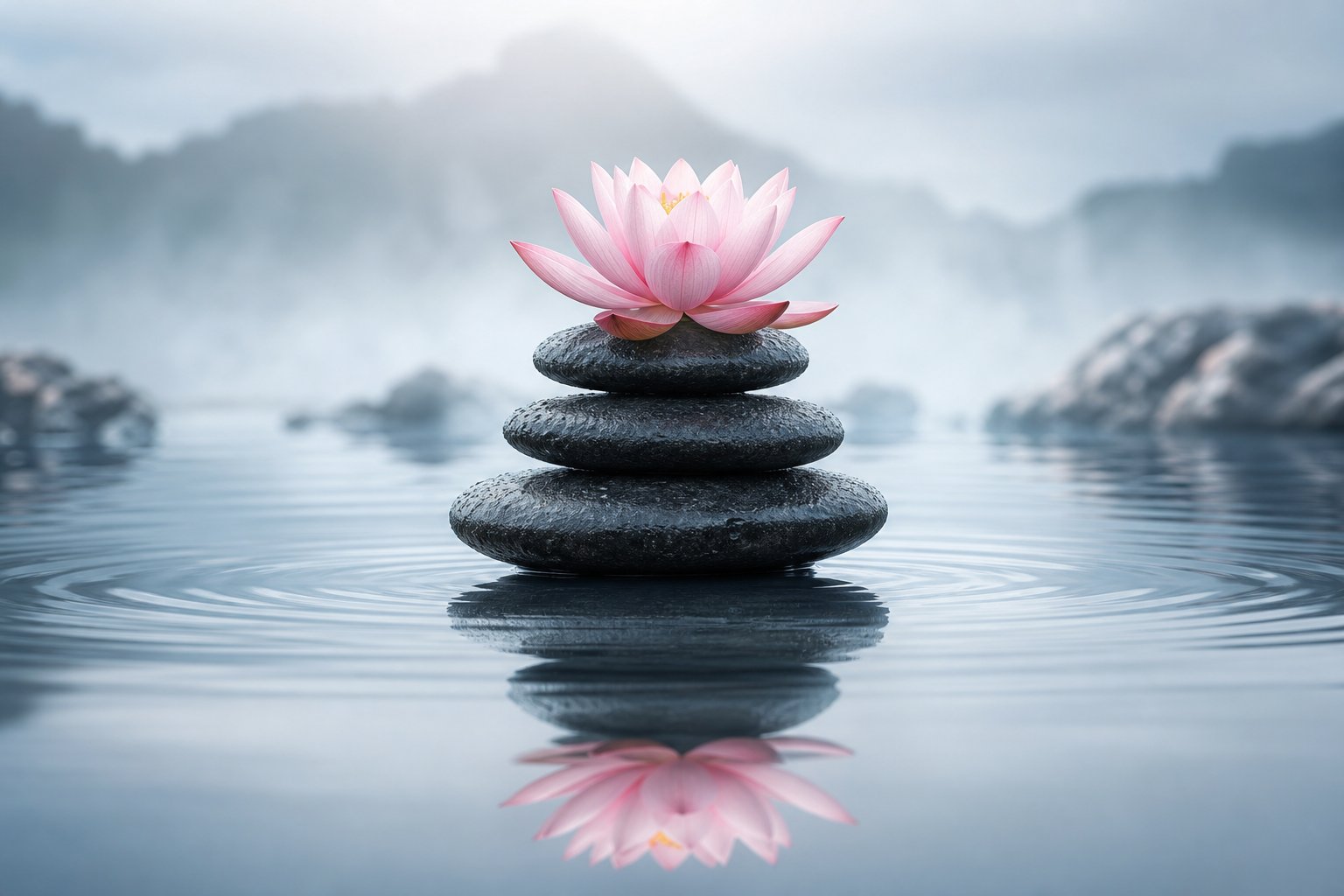 Pink lotus flower placed on stacked black stones in a calm water setting with misty mountains in the background.