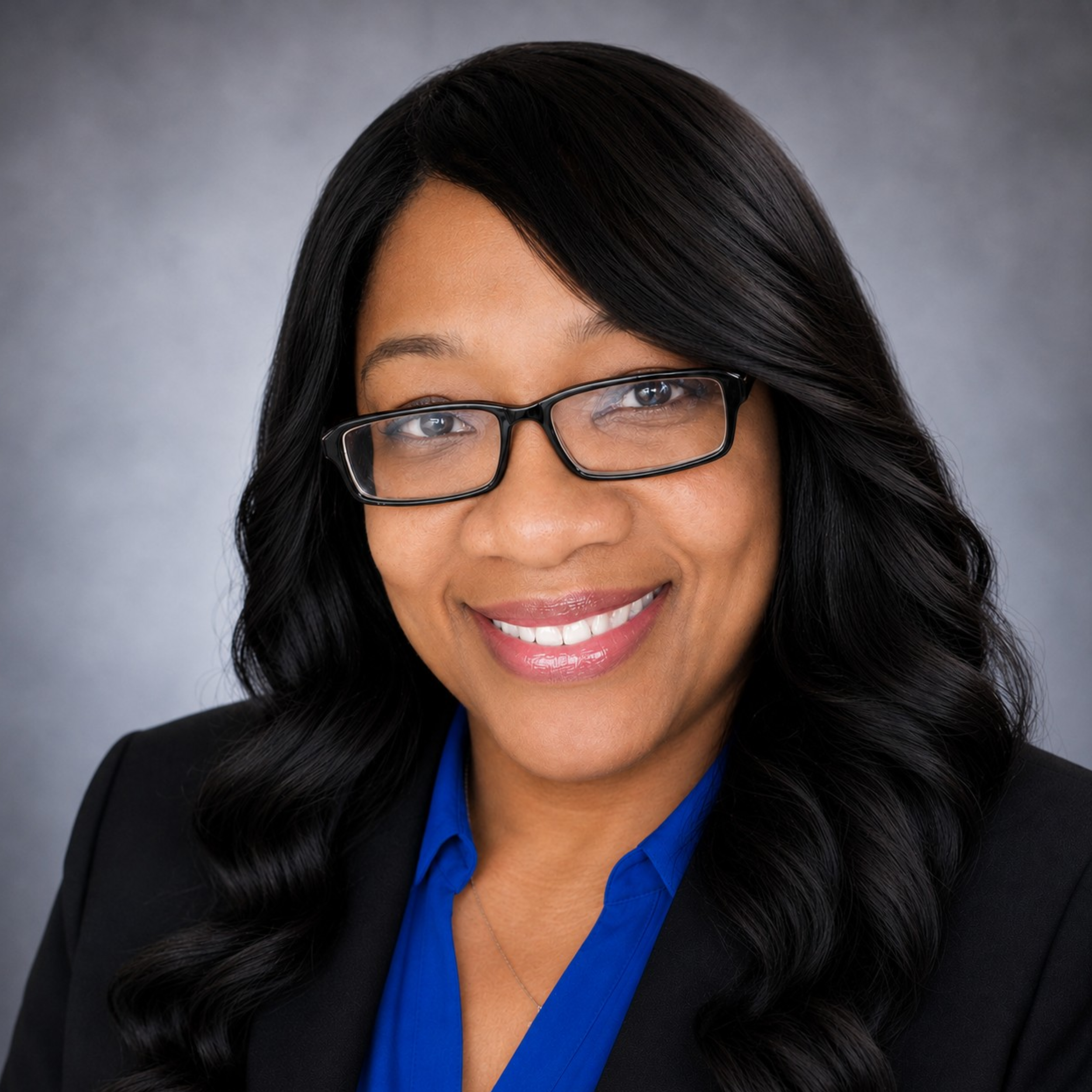 Close-up of a woman with dark hair, wearing glasses, smiling, dressed in a black blazer and a bright blue shirt, against a neutral gray background.