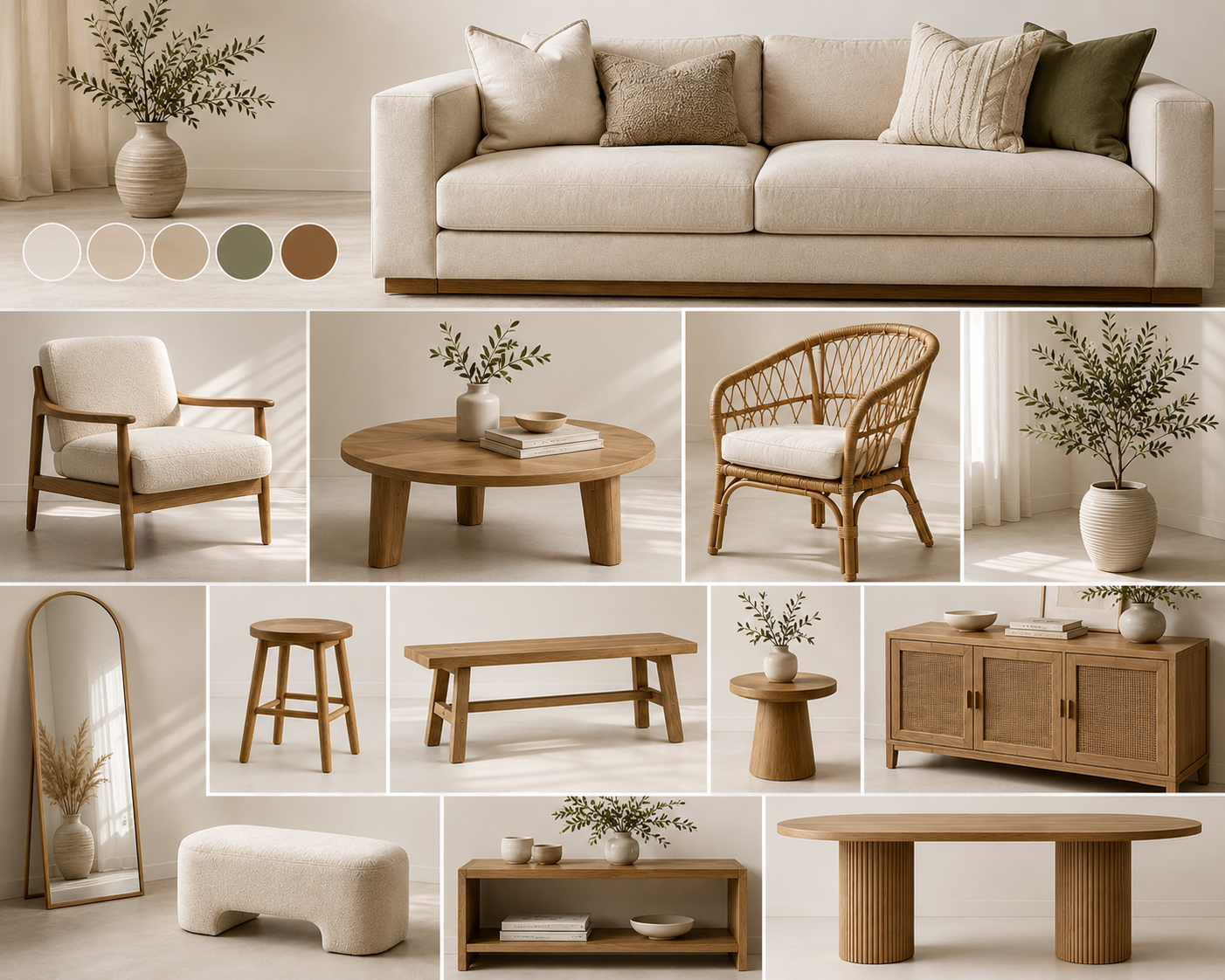A neutral-toned living room with beige sofa, wooden armchair, rattan chair, and various wooden furniture pieces including a coffee table, bench, and side table, decorated with vases, books, and plants.
